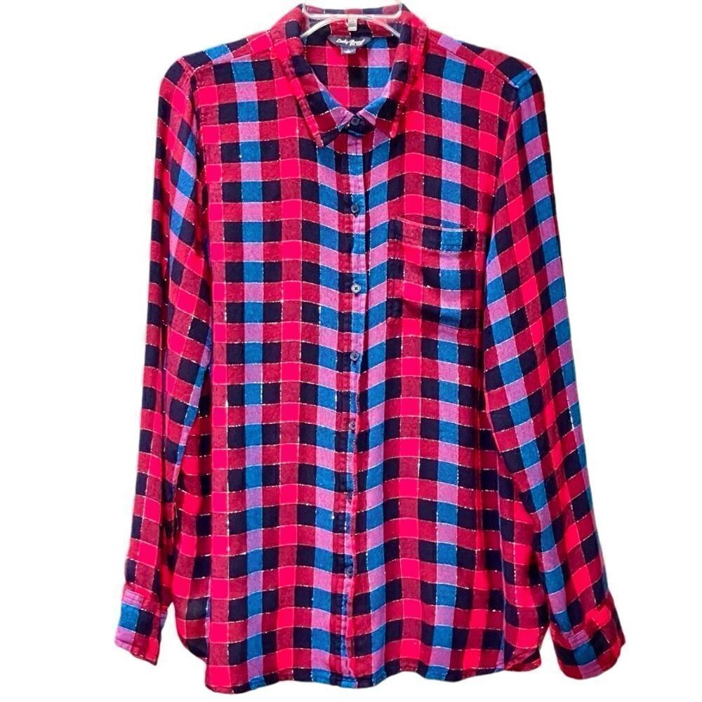 Lucky Brand Back Overlay Plaid Button Down in Red/Black/Blue/Silver Women’s L